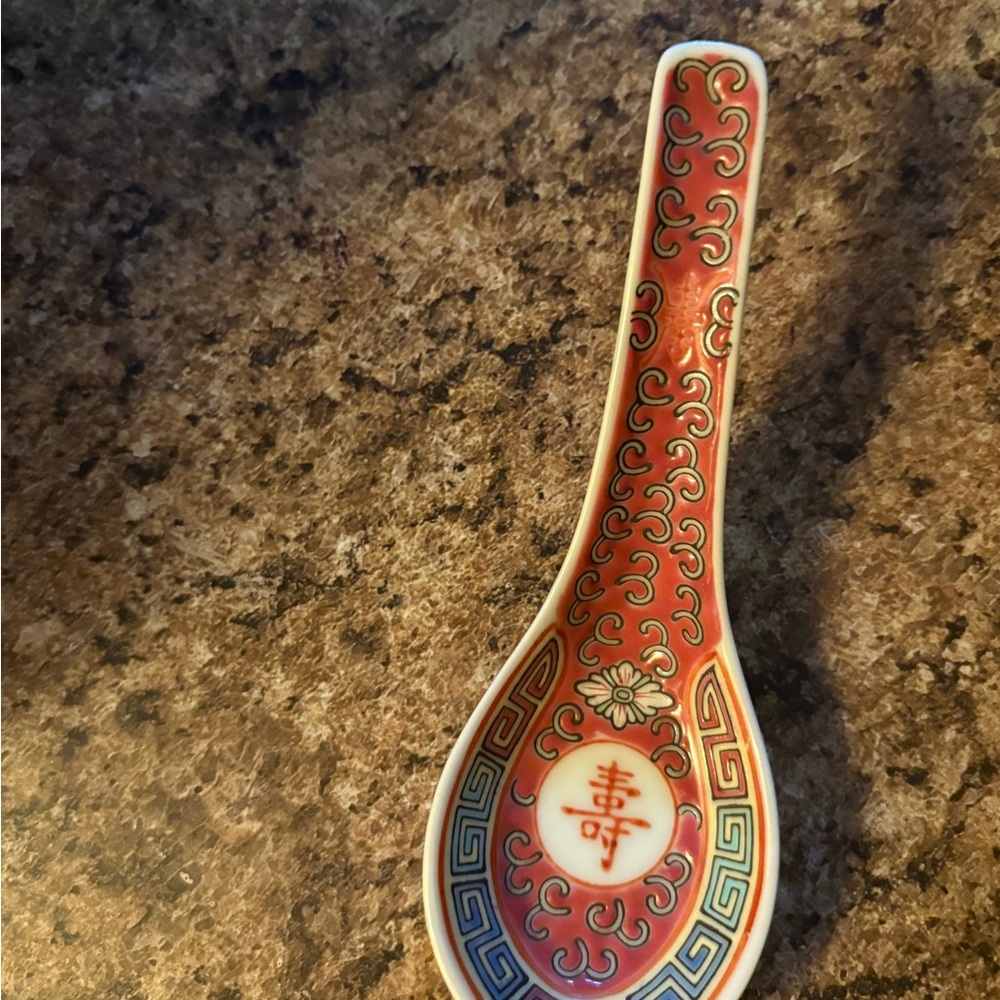 Red Porcelain Chinese Soup Spoon